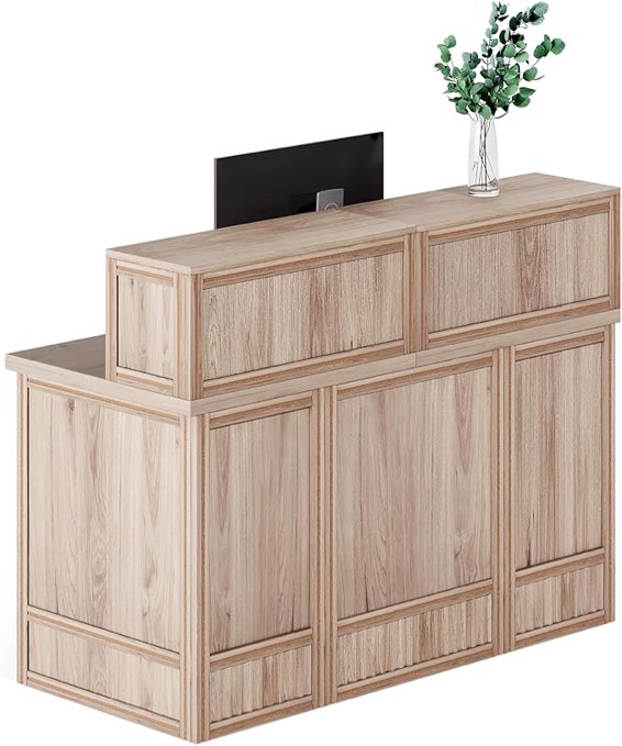 LITTLE TREE 57-inch Reception Desk with Counter,Boho Front Desk Receptionist Desk, Modern Welcome Desk Checkout Counter for Office, Retail, Lobby,Salon,Oak(has damage on a few panels)