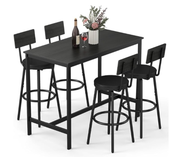 dining table set for 4, 5-piece bar table set, kitchen table and chairs, counter height high top table with 4 pu upholstered stools, space-saving pub tables set for small space, black