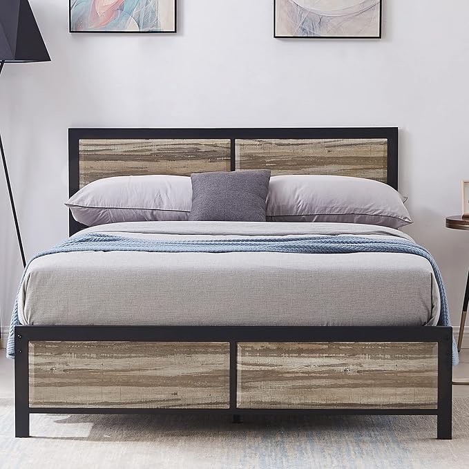 Queen Size Platform Bed Frame with Vintage Wood Headboard, Mattress Foundation, Strong Metal Slats Support, No Box Spring Needed, Grey Oak KHD-BTJ-MBQU5-SLT(may be missing hardware)