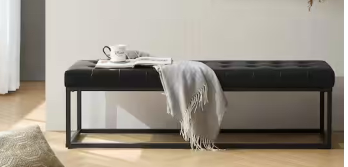 Rebeca Black Mid-Century Modern Vegan Leather Bench with Metal Base ZBEXH0433-BLK(may be missing hardware)