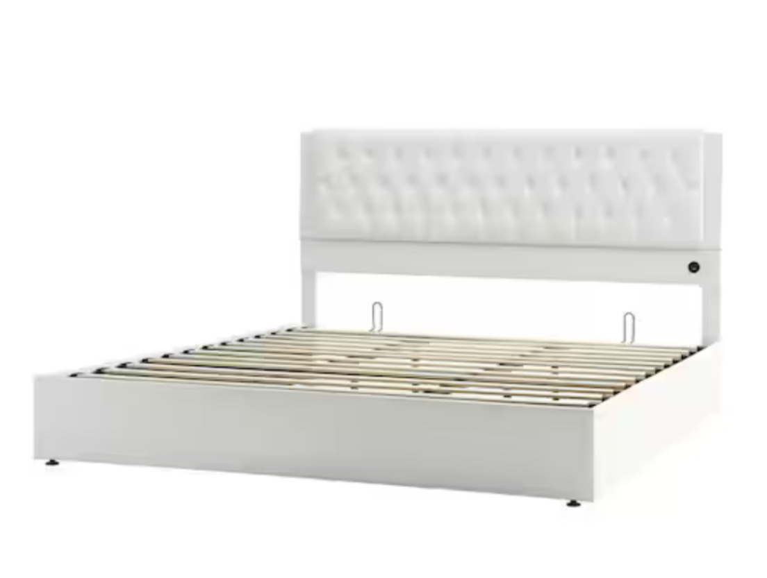 Lazaro White Wooden Queen Platform Bed with USB Charging Ports and Storage Z6BDKR0352-Q-WTE