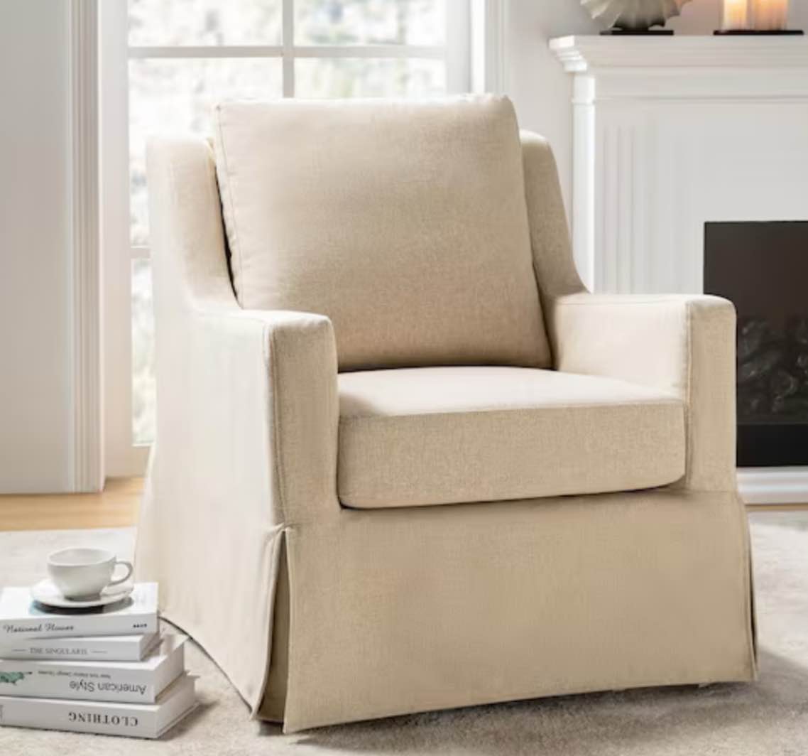 Stewart Linen Traditional Slipcovered Swivel Arm Chair with Sloped Armrest