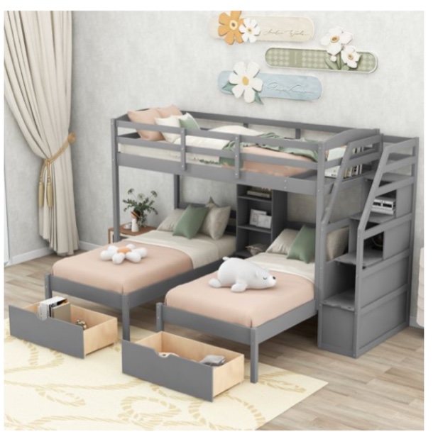 twin over twin&twin bunk bed; triple bunk bed with drawers; staircase with storage; built-in shelves (box 1 of 3 only)wf296096aae