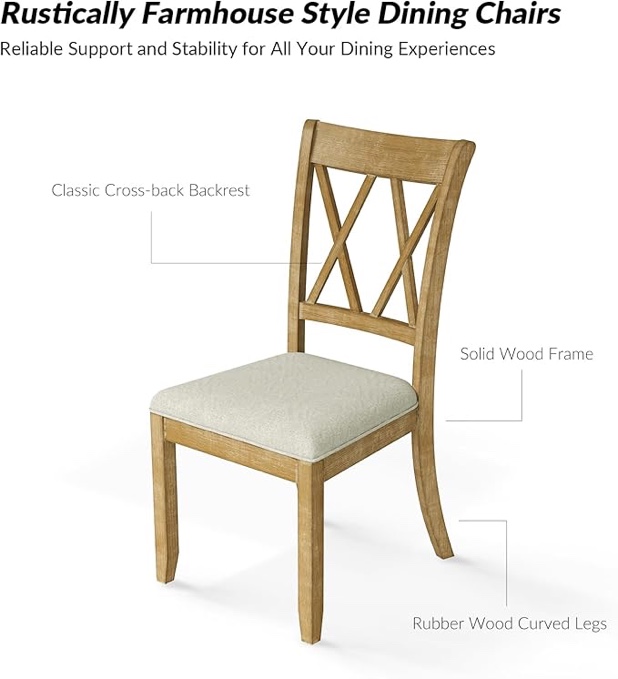 Incomplete * only one chair ,missing parts *HULALA HOME Set of 2 Farmhouse Dining Chairs with Cushion, Solid Wood Dining Room Chairs(Natural)