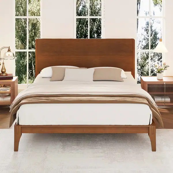 Mid-Century Modern Queen Size Bamboo Wood Platform Bed