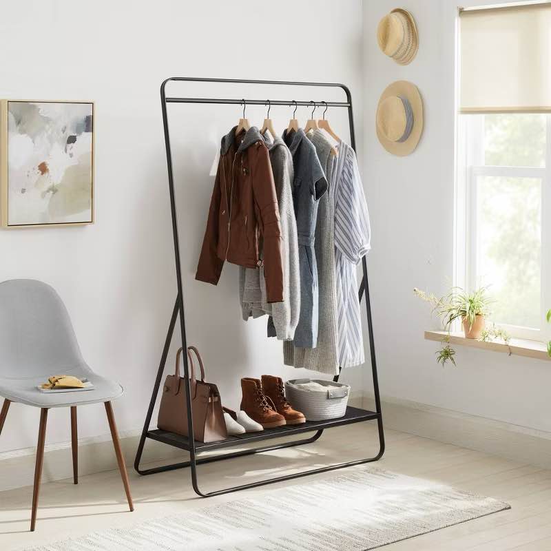 Metal Garment Rack Black - Brightroom™: Powder-Coated Metal Clothing & Hanging Rack, Fixed Rod & Shelf, 165 lb Capacity