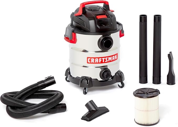 CRAFTSMAN CMXEVBE17155 10 Gallon 6.0 Peak HP Stainless Steel Wet/Dry Vac, Portable Shop Vacuum with Attachments