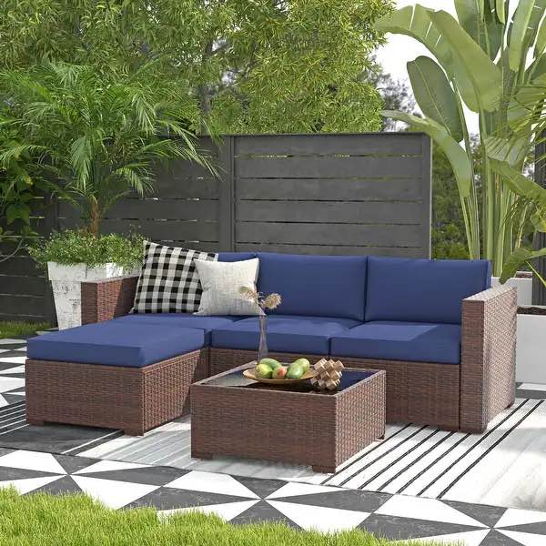SEE DESCRIPTION 5-piece Outdoor Wicker Sectional Sofa Set with Cushions - Brown/Blue