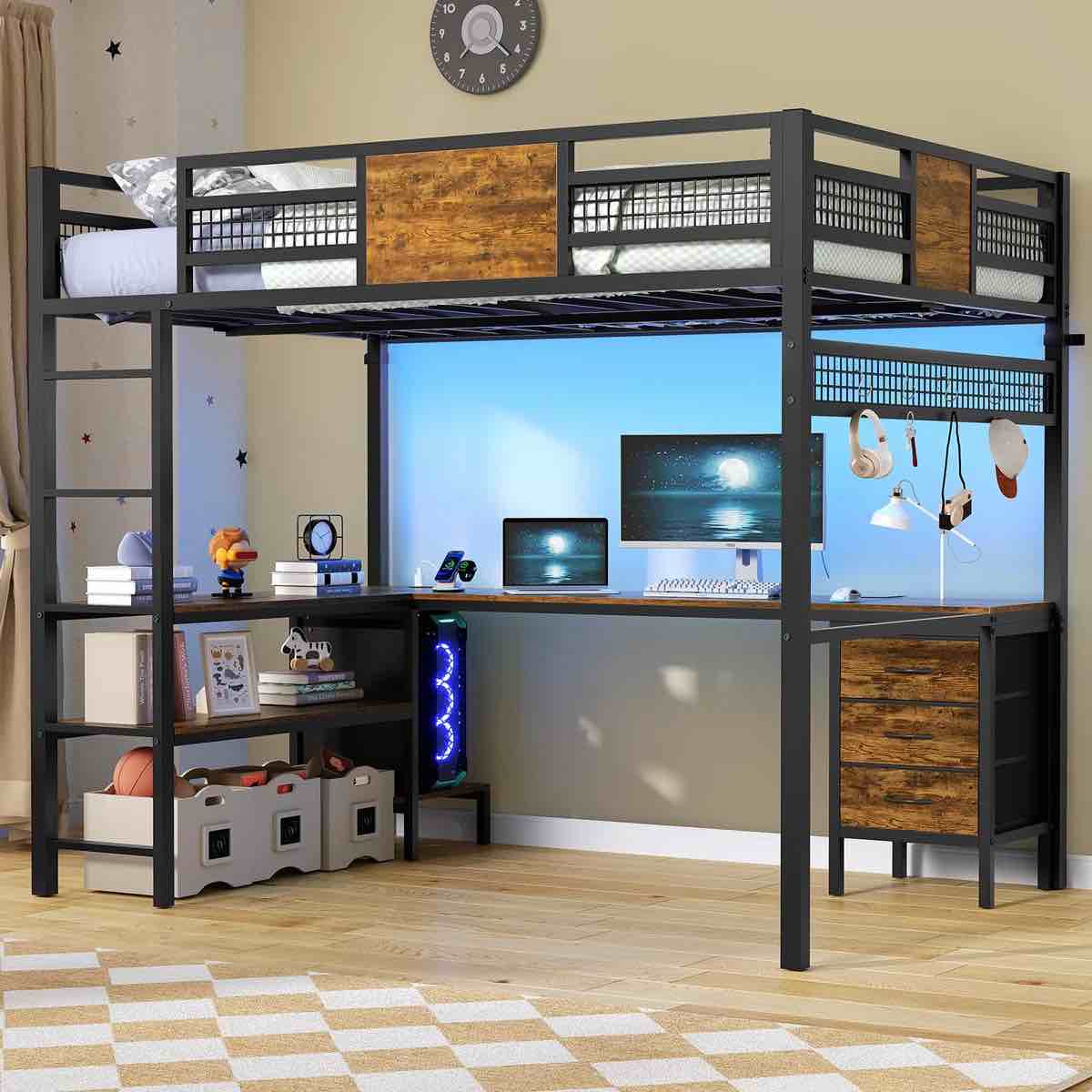 Loft Bed With L-shaped Desk, Bed Frame With Led Lights & Charging Sation, 3 Fabric Drawer Loft Bed With L-shaped Desk, Bed Frame With Led Lights & Charging Station, 3 Fabric Drawers, Brown