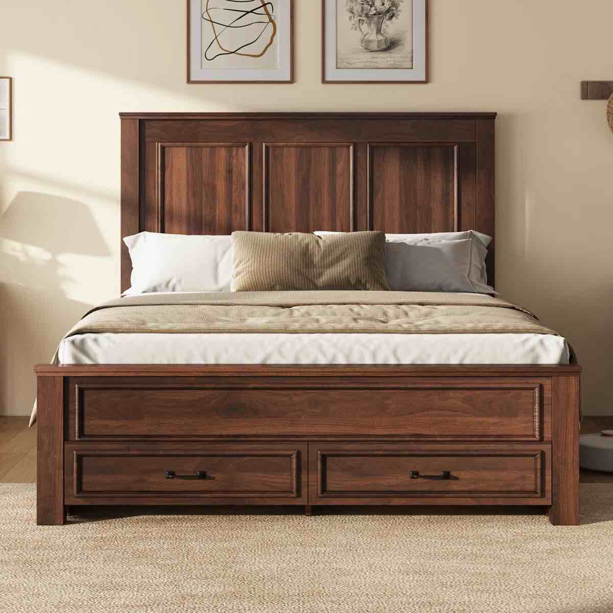 Farmhouse Wood Full Platform Bed Frame With 52.2" Tall Headboard, Large Storage Drawers, Brown