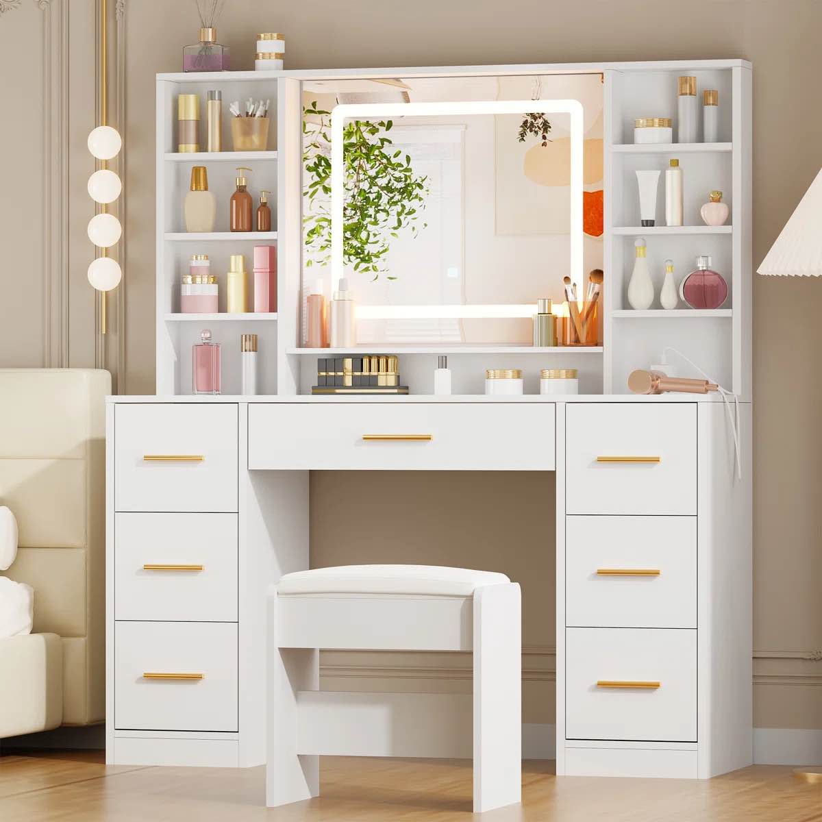 Adriel 39.4" Makeup Vanity With Led Lighted Mirror, 7 Drawers, Power Outletand And Stool Adriel 39.4" Makeup Vanity With Led Lighted Mirror, 7 Drawers, Power Outletand And Stool