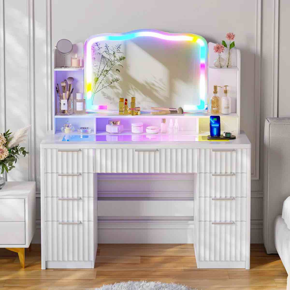 47.2" W Modern Large Vanity Desk With 9 Drawers, Glass Top, RGB Lighted Mirror & Power Outlets, Charging Station