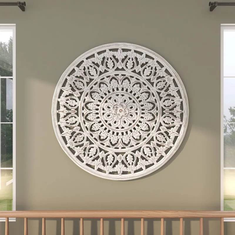 36 in. x 36 in. Wood White Handmade Intricately Carved Floral Wall Decor with Mandala Design by Litton Lane