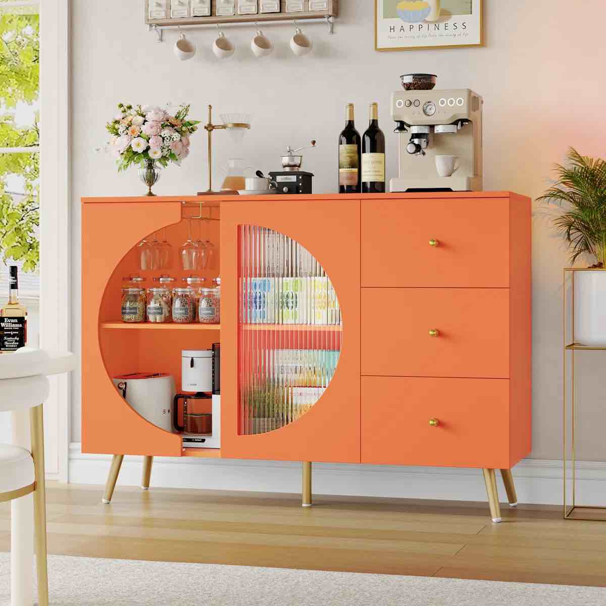 Chanyah 47.2" W Kitchen Sideboard with 3 Drawers & Wine Glass Holder, Orange 