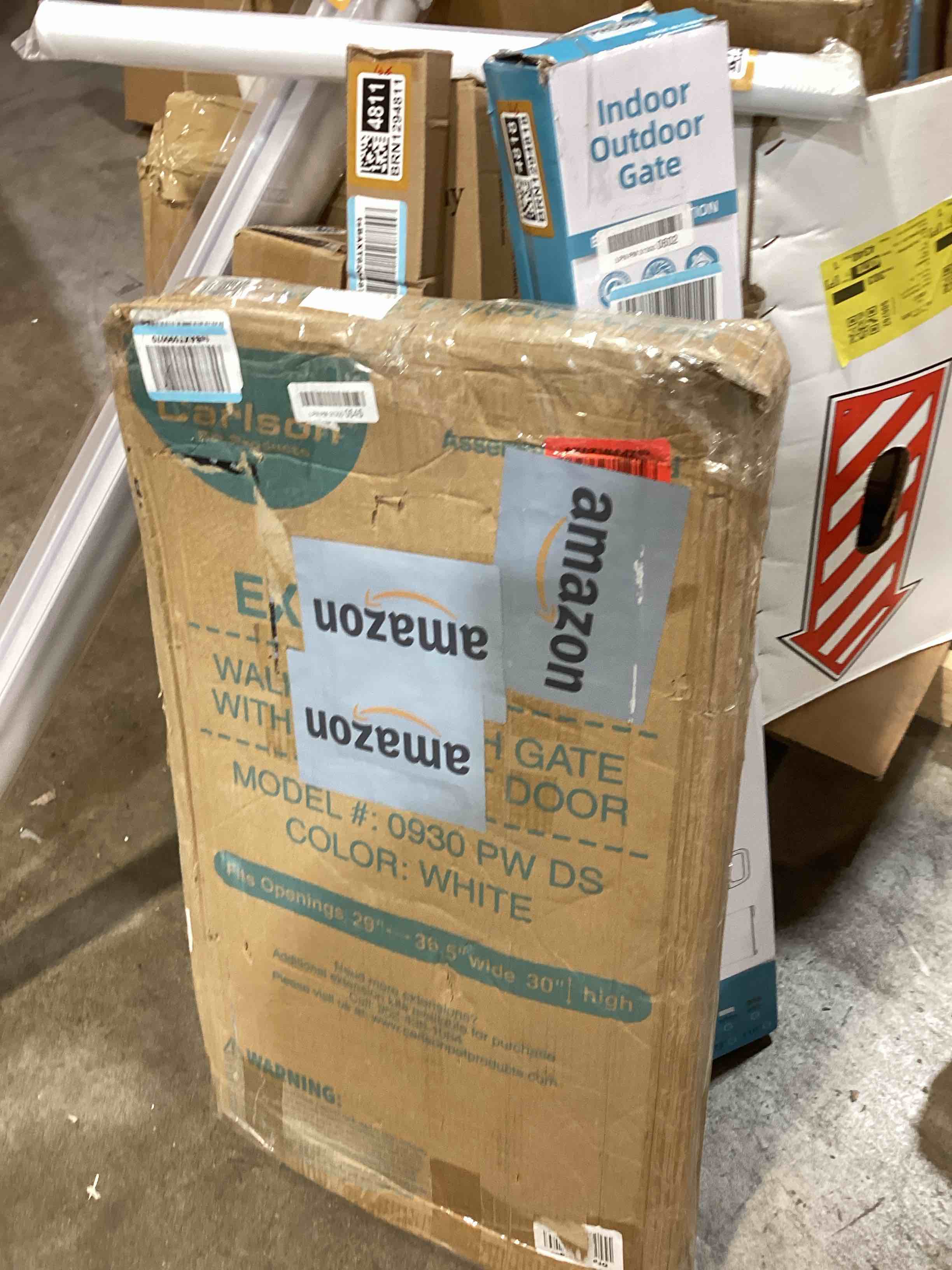 Condition photo showing As Is for Carlson Extra Wide Walk Through Pet Gate with Small Pet Door, Includes 4-Inch Extension Kit, Pressure Mount Kit and Wall Mount Kit, White