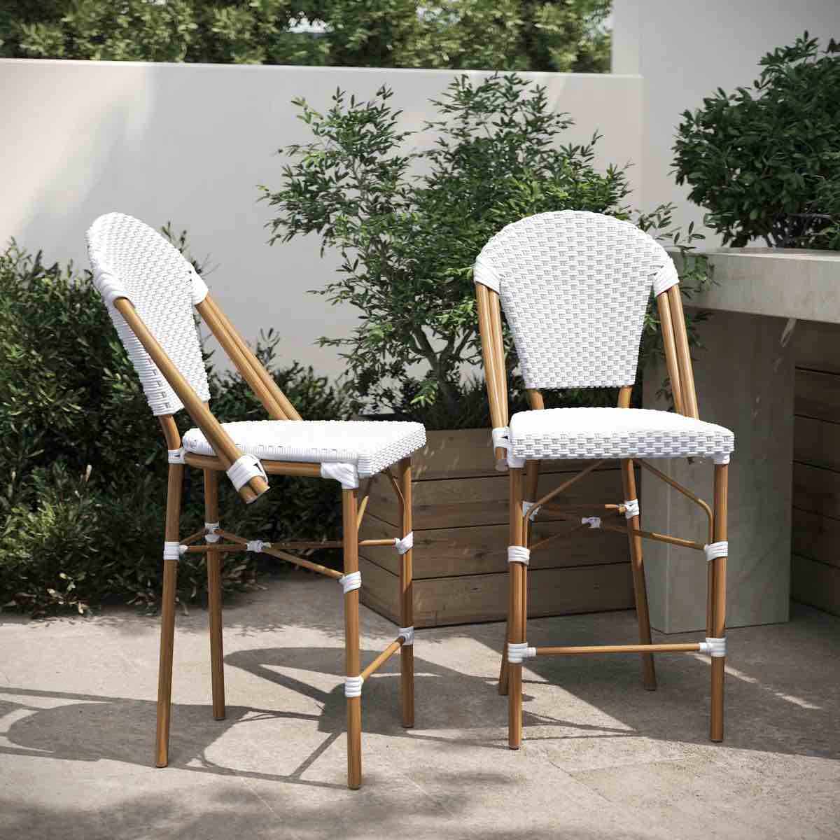 Indoor/Outdoor All-Weather Commercial Paris Chairs with Bamboo Print Frame (Set of 2) Counter Stool (25.75” Seat Height)
