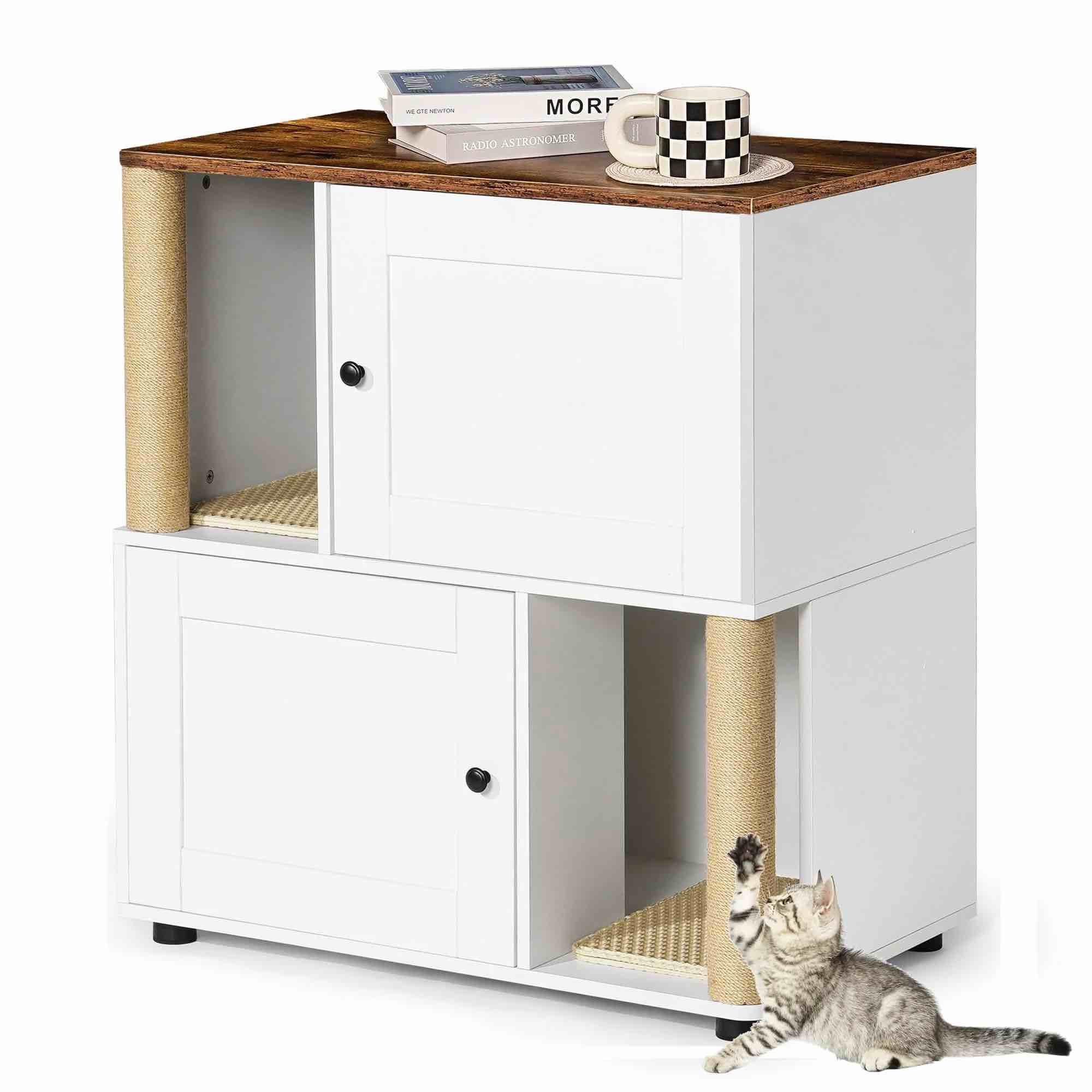 Garvee Cat Litter Box Enclosure for 2 Cats, Litter Box Enclosure with Double Room, Hidden Enclosed Cat Litter Box Furniture with Scratch Posts and Double-Layer Litter Mats
