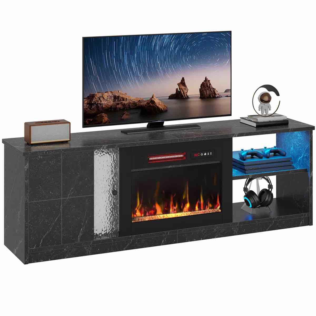 63 Inch Electric Fireplace TV Stand With Storage Cabinet And LED Open Shelf For Tvs Up To 70 Inch
