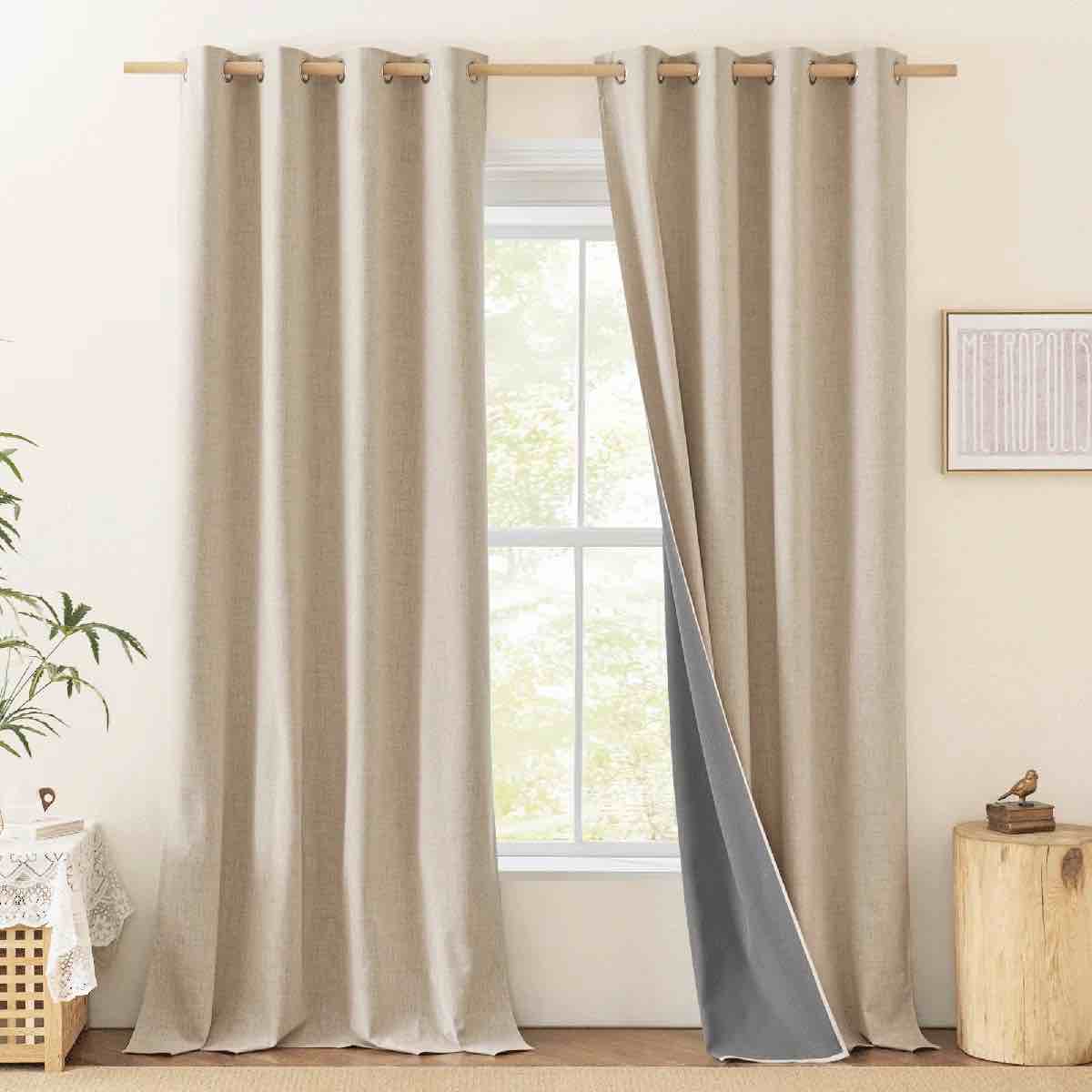 100% Blackout Faux Linen Texture Grommet Curtains Thermal Insulated for Living Room & Bedroom, Set of 2, Beige 