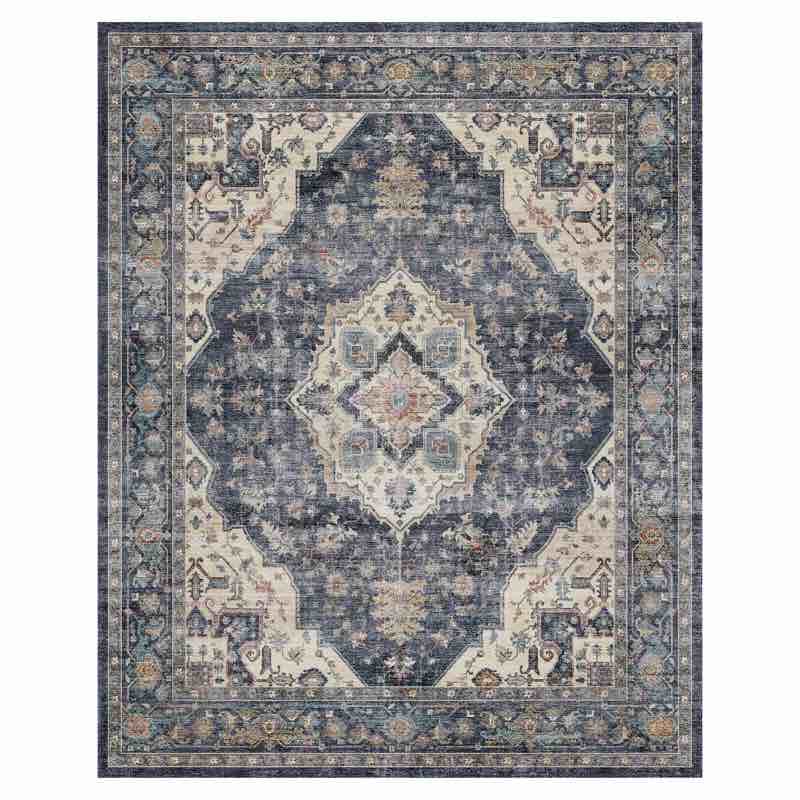 Ultra Soft Navy Machine Washable Oriental Area Rug For Living Room, Bedroom, Beige/Navy, Size:   Rectangle 8' x 10'