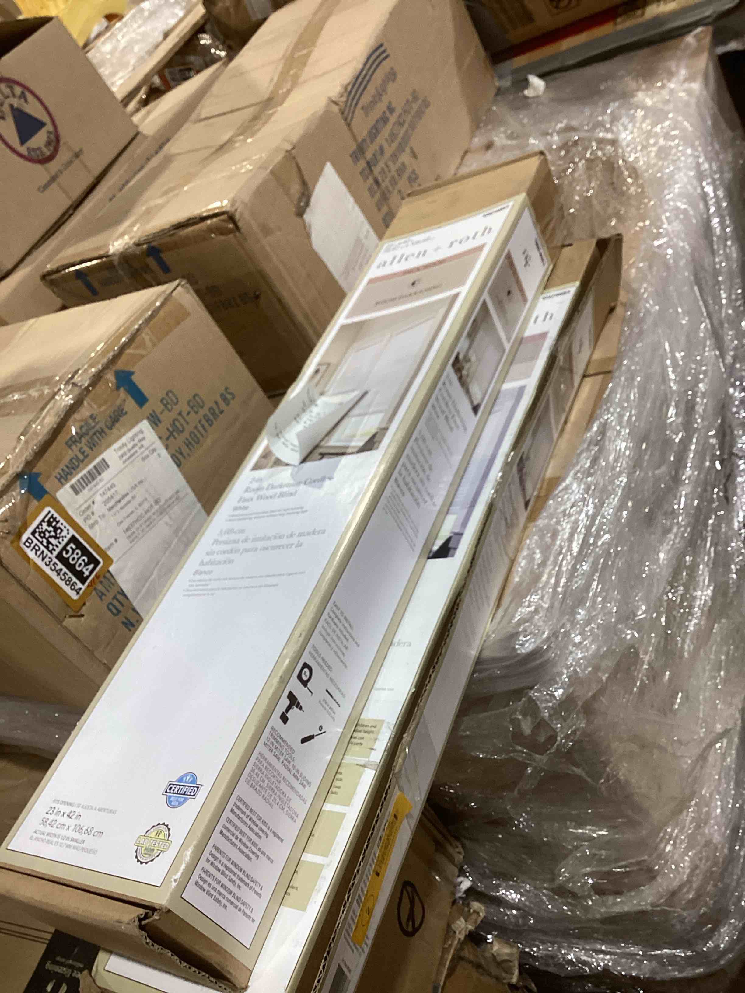 Condition photo showing Good Condition for allen + roth Cordless Faux Wood 2-in Slat Width 69.5-in x 48-in Cordless Bark Faux Wood Room Darkening Horizontal Blinds Item #577056