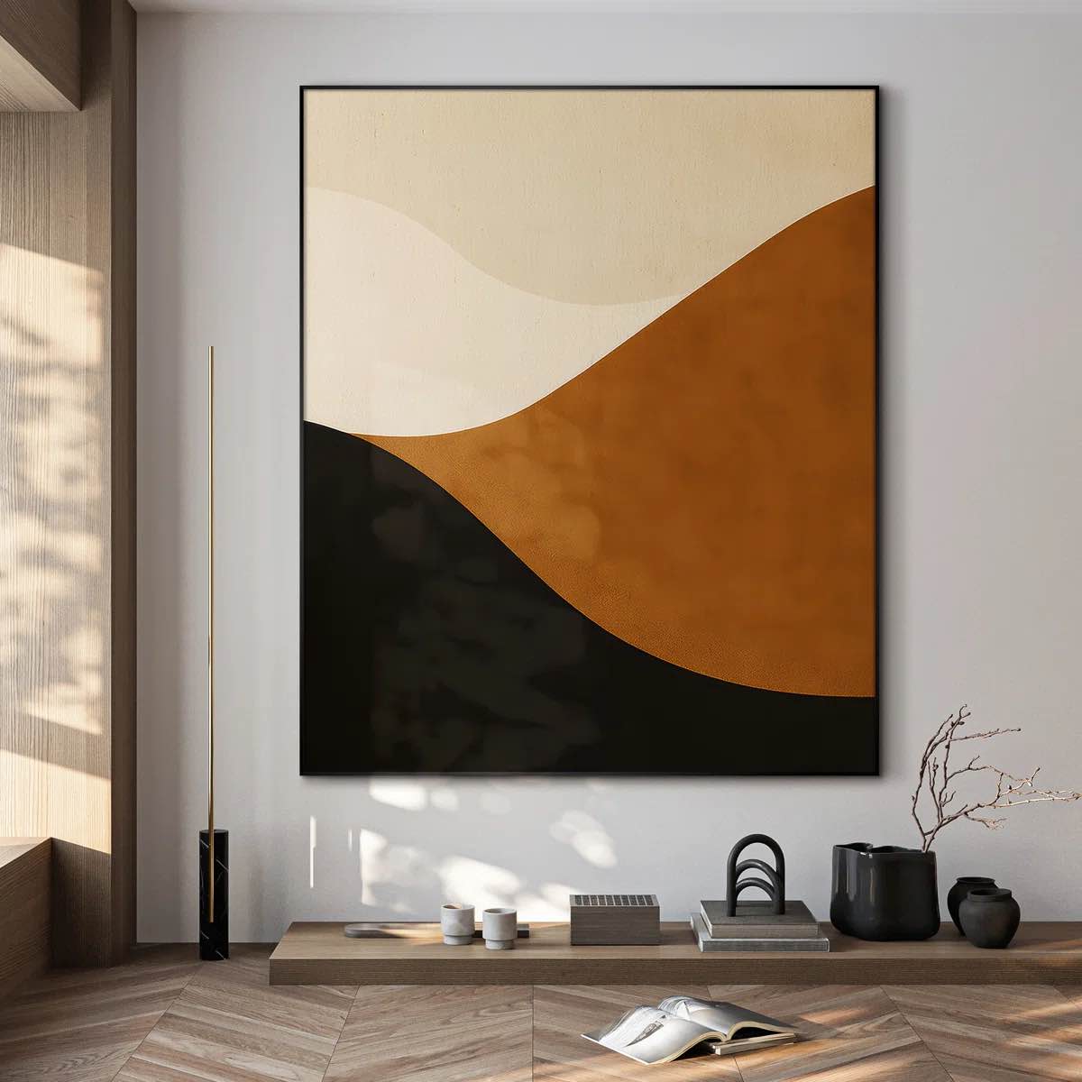 Extra Large Wall Art Fabric Print - Minimalist Abstract Landscape Art Brown & Black Wave Toned Contemporary Artwork Decor for Living Room or Bedroom - "Frame Assembly Required (Unfinished Frame)" 60" H x 46" W