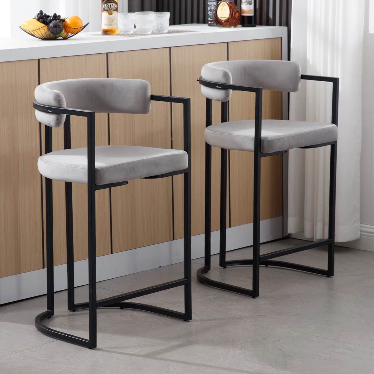 Modern Upholstered Hollow Bar Stool With Armrest And Footrest