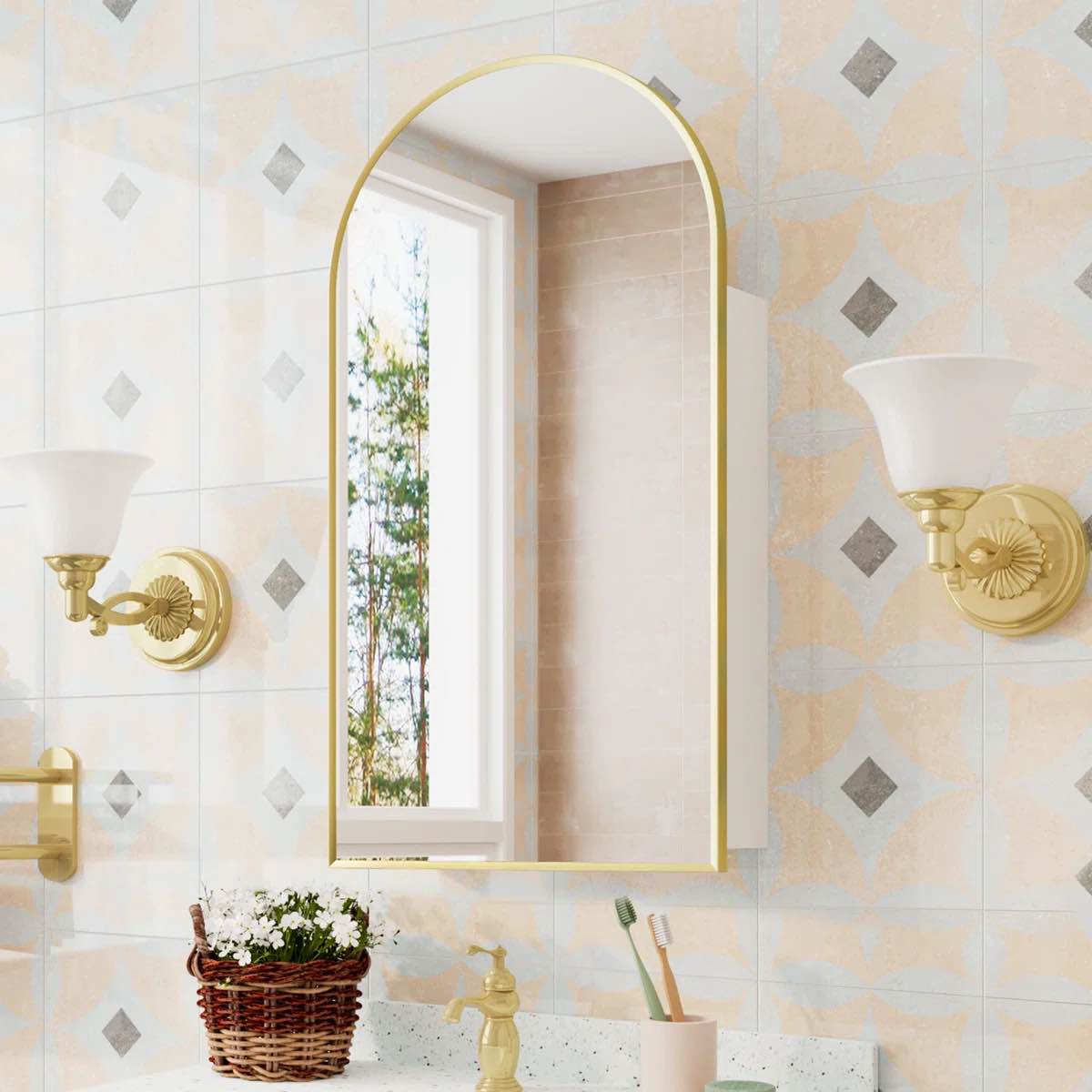 Dashaun 35'' H Wall Mounted 4 Fixed Aluminum Alloy Medicine Cabinet with Mirror, Brushed Gold