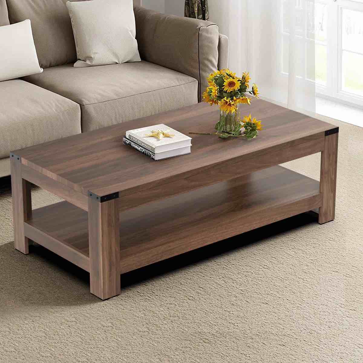 Damika Rectangular Coffee Table With 2-Tier Storage, Rustic Oak