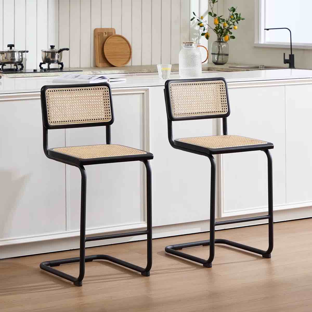 Crumley Natural Rattan 24.3" Counter Stool with Cane Rattan Back and Metal Frame (Set of 2)