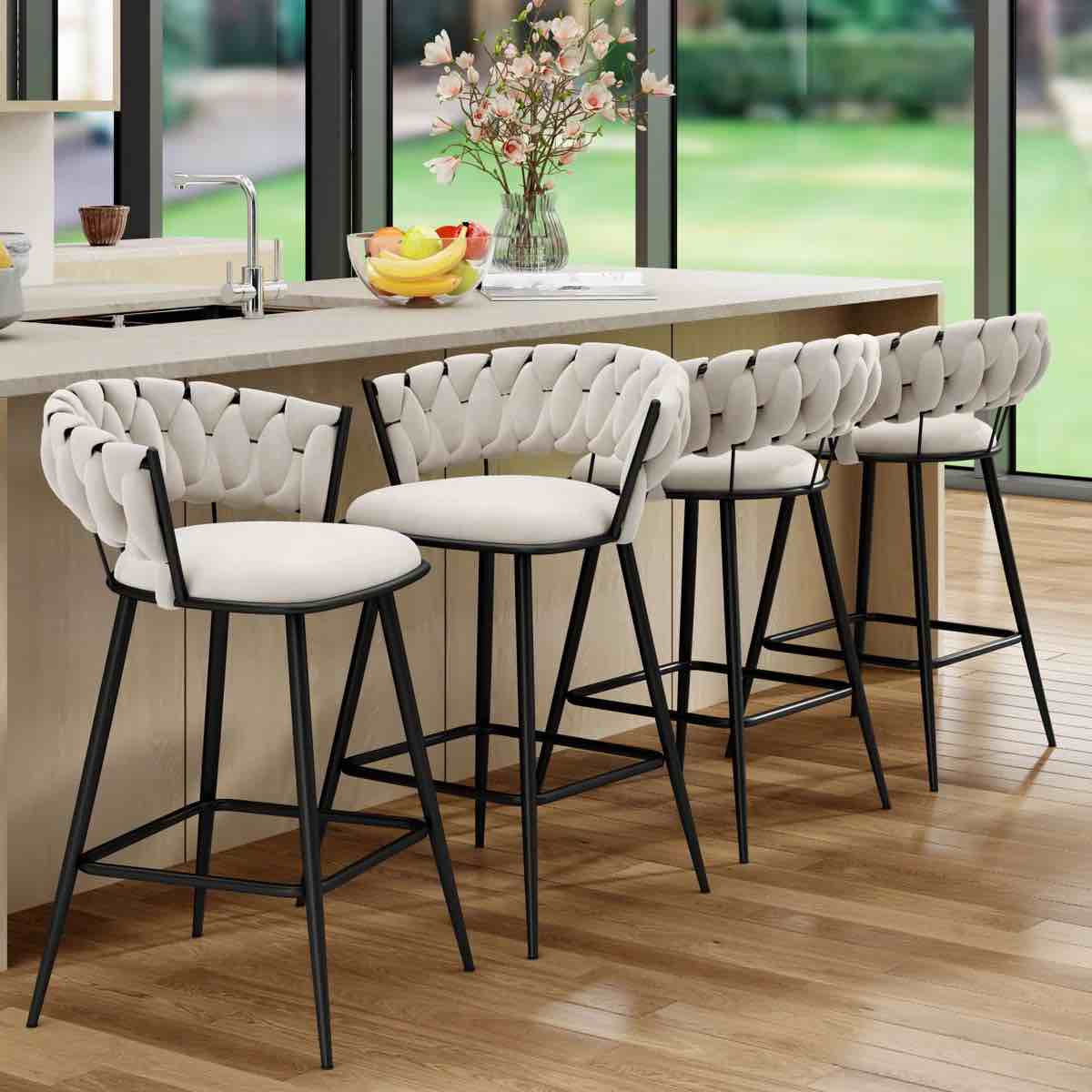 Upholstered Counter & Bar Stool With Curved Weaving Design (Set Of 4)