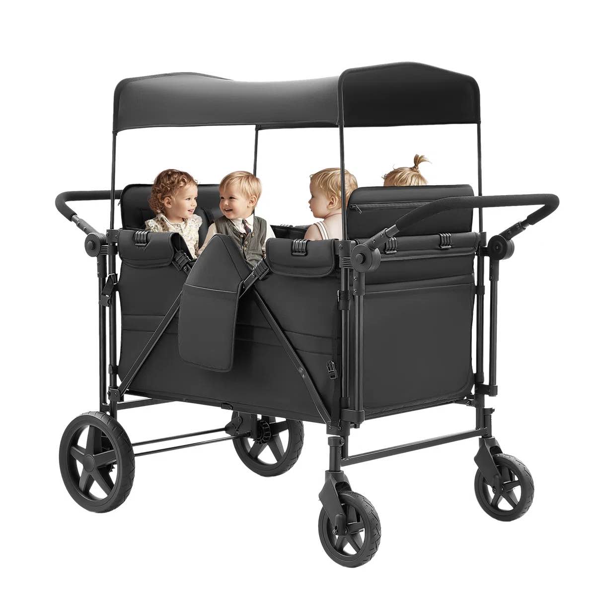 Stroller Wagon For 4 Kids, Wagon Stroller 4 Seater Featuring Dual Push Handles, Adjustable Canopy, 5-point Harnesses And High Seat, All Terrain Foldable Quad Wagon For Kids Outdoor