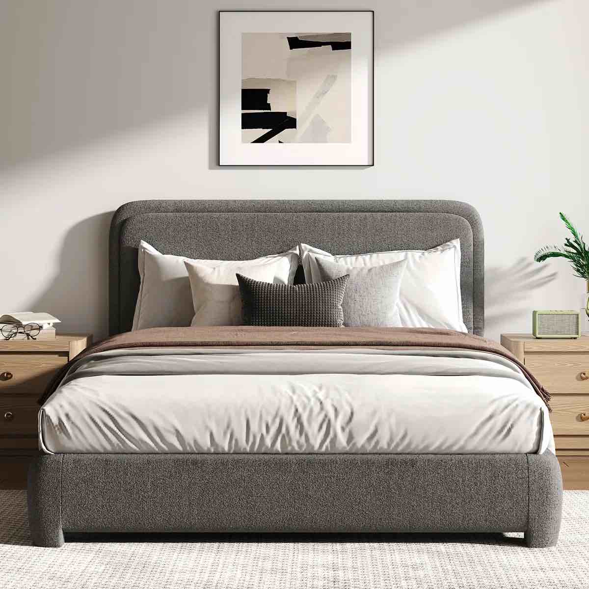 Bensu Boucle Upholstered Platform Queen Bed, Gray