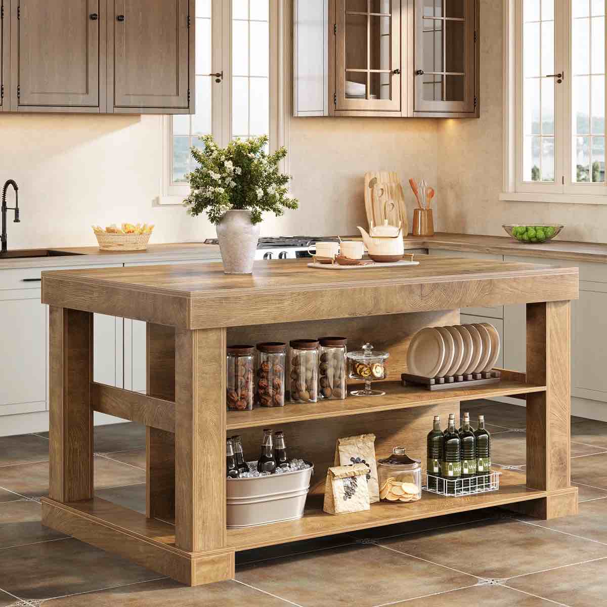Kitchen Island With Storage Shelves, 55 Inch Kitchen Shelf With Large Worktop, Stable Wooden Structure, Farmhouse Style, Brown