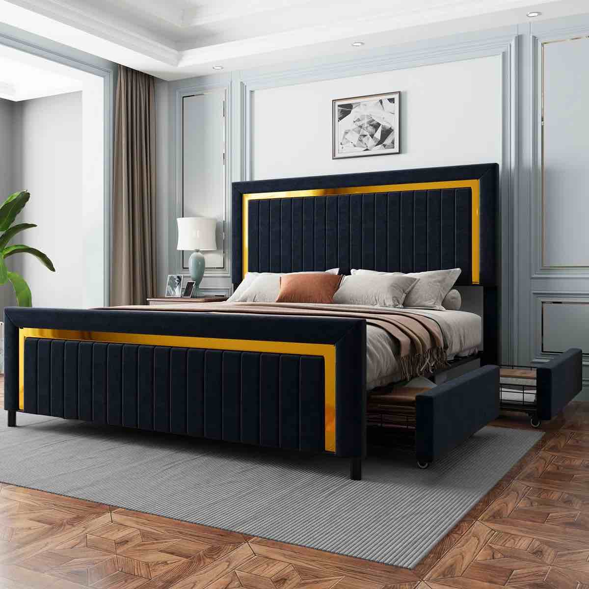 LED Bed Frame with 4 Storage Drawers, Adjustable Headboard with Vertical Channel Design