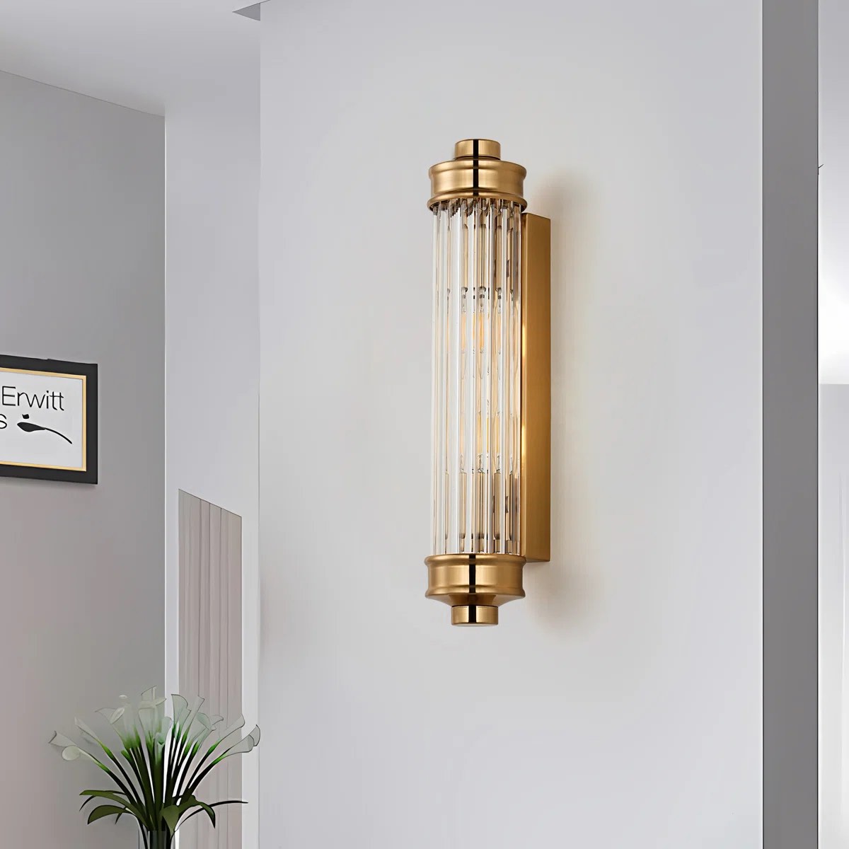 Sharima Ribbed Glass Rod Cylindrical Wall Light, 2 Heads Wall Lamp Wall Sconce, Brass