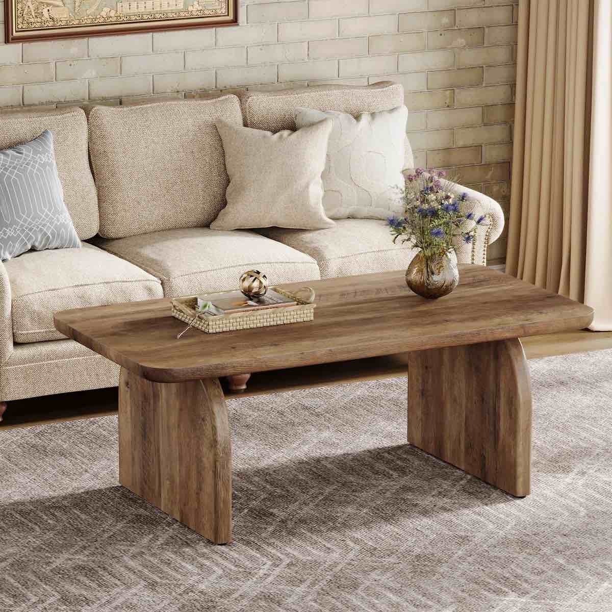 Wolbach 47-Inch Farmhouse Wood Coffee Table, Rectangle Center Table for Living Room, Brown