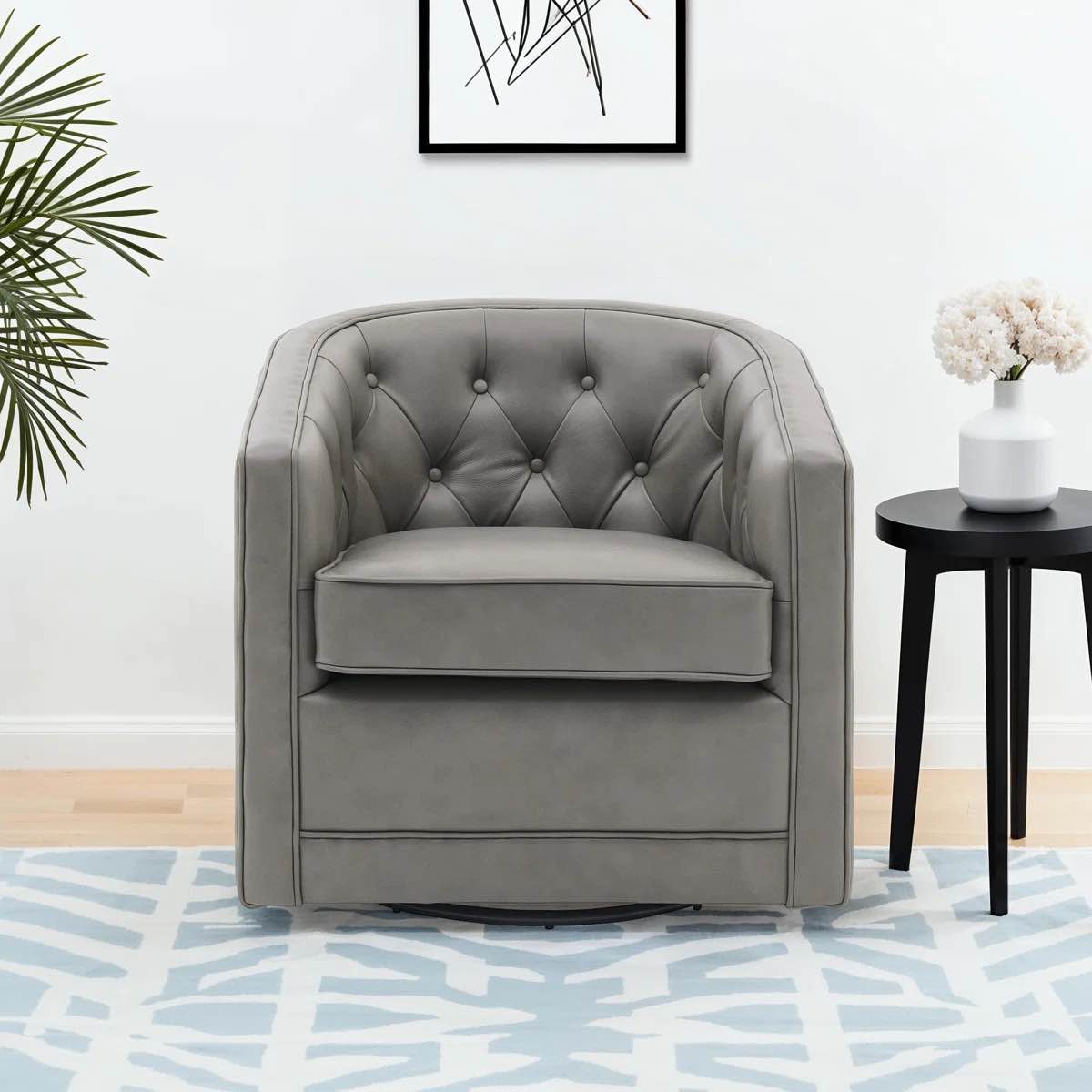 30" Tufted Top Grain Leather Swivel Barrel Chair, Gray
