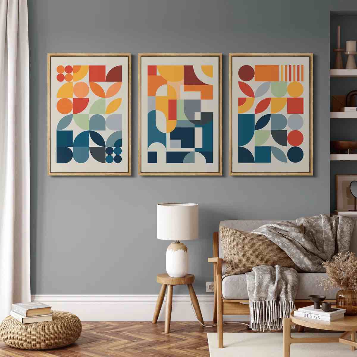 Abstract Vibrant Color Blocks Orange Blue Mid Century Modern Pictures Canvas 3 Pieces Print Wall Art, Size: 24" H x 48" W