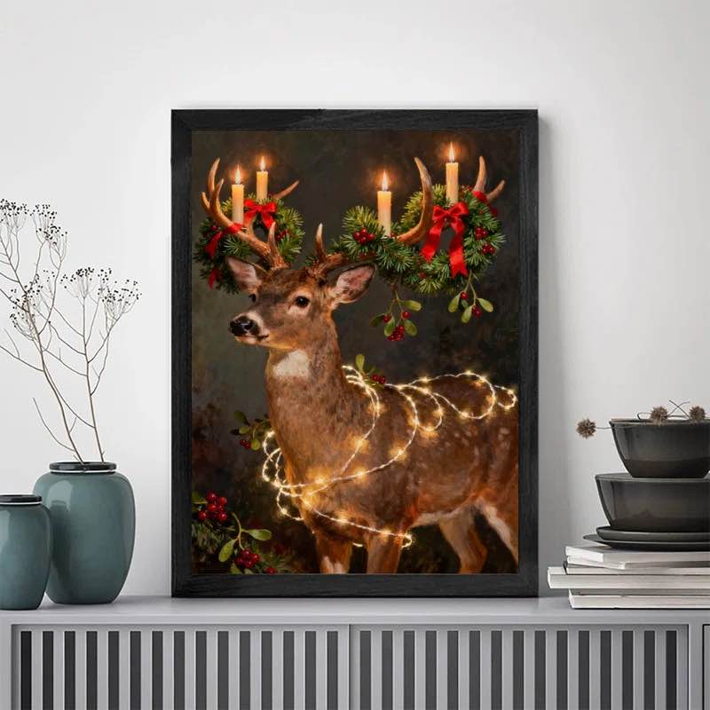 Black Framed Vintage Christmas Deer Wall Art, Festive Whimsical Holiday Frame Print, Size: 37" H x 25" W