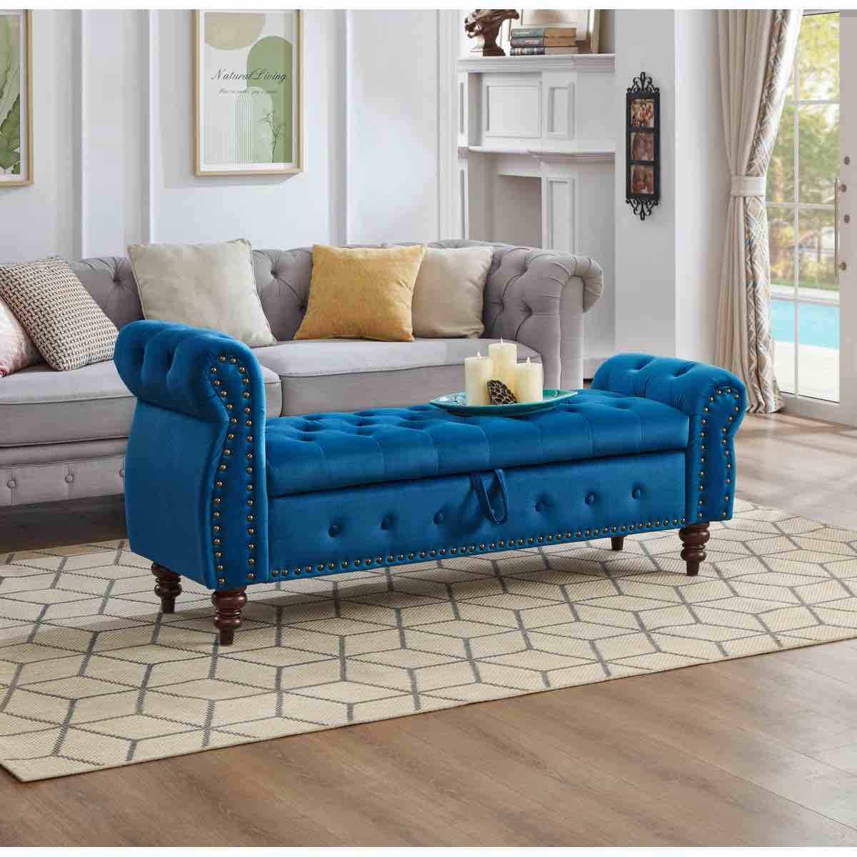 64.5" Storage Bench, Velvet Nails Tufted Chaise Of Lounge Ottoman For Living Room, Bedroom, Blue