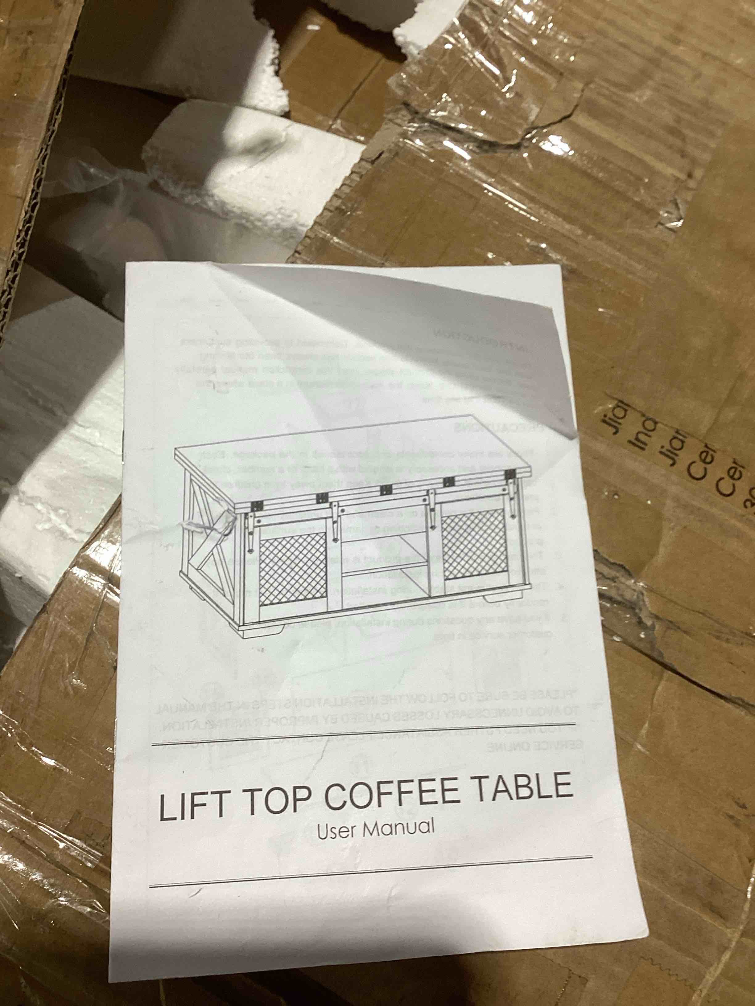 Condition photo showing As Is for Farmhouse Lift Top Coffee Table