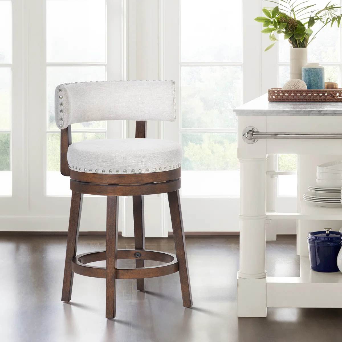 Swivel Upholstered Counter Bar Stool With Solid Wood Frame