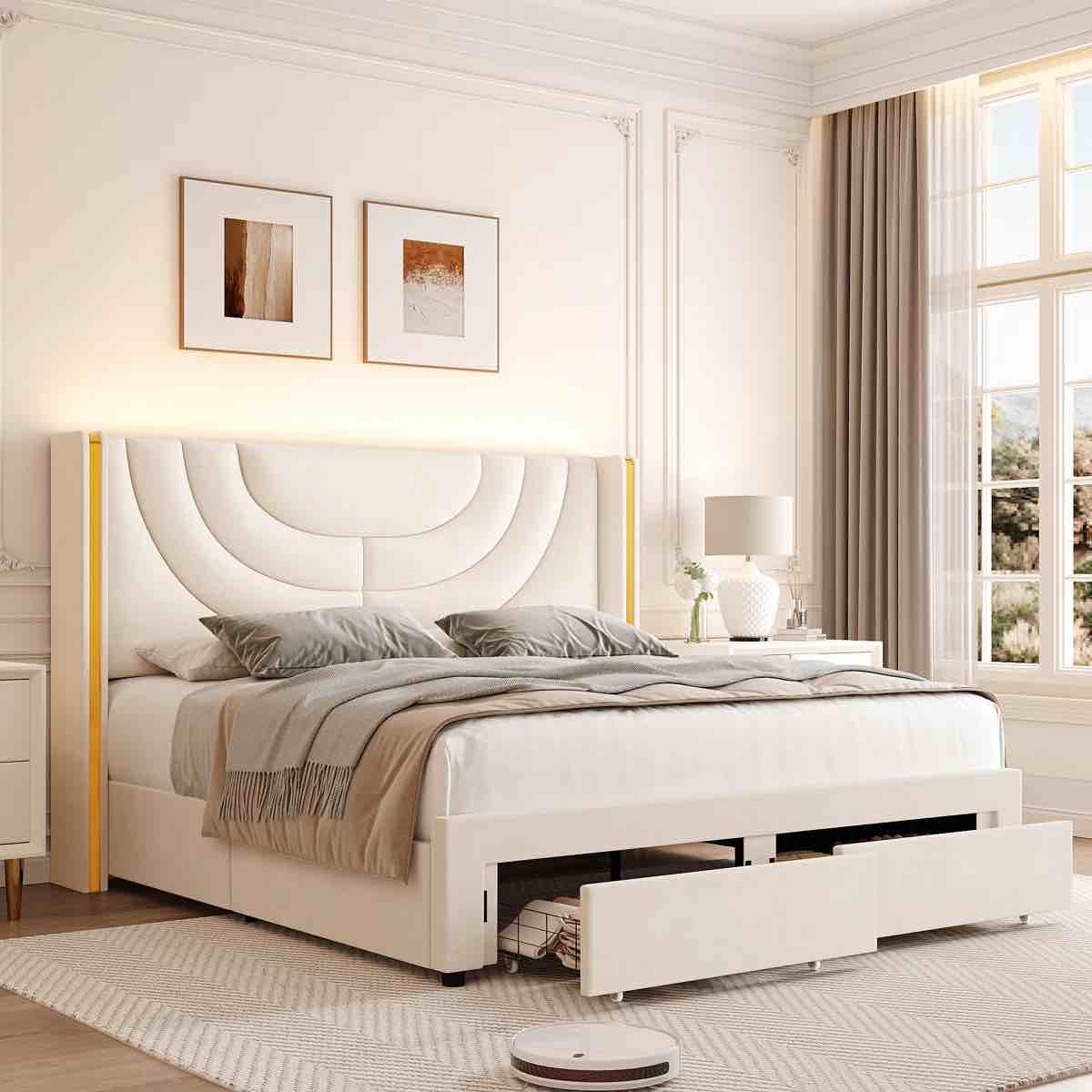 Sturminster Velvet Wingback Upholstered Queen LED Light 2 Drawer Storage Bed