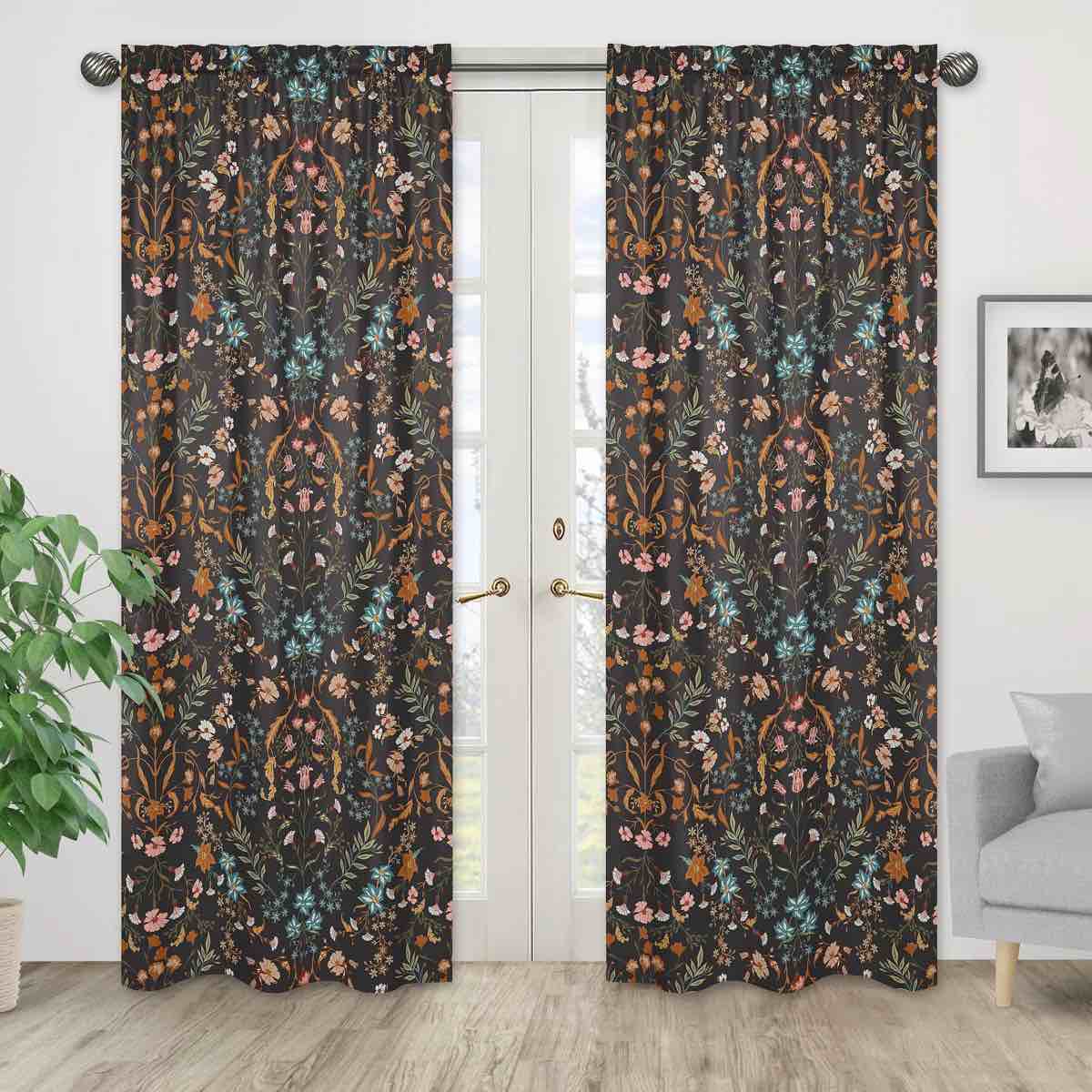 Boho Floral Wildflower Black and Orange Semi-Sheer Rod Pocket Curtain Panel