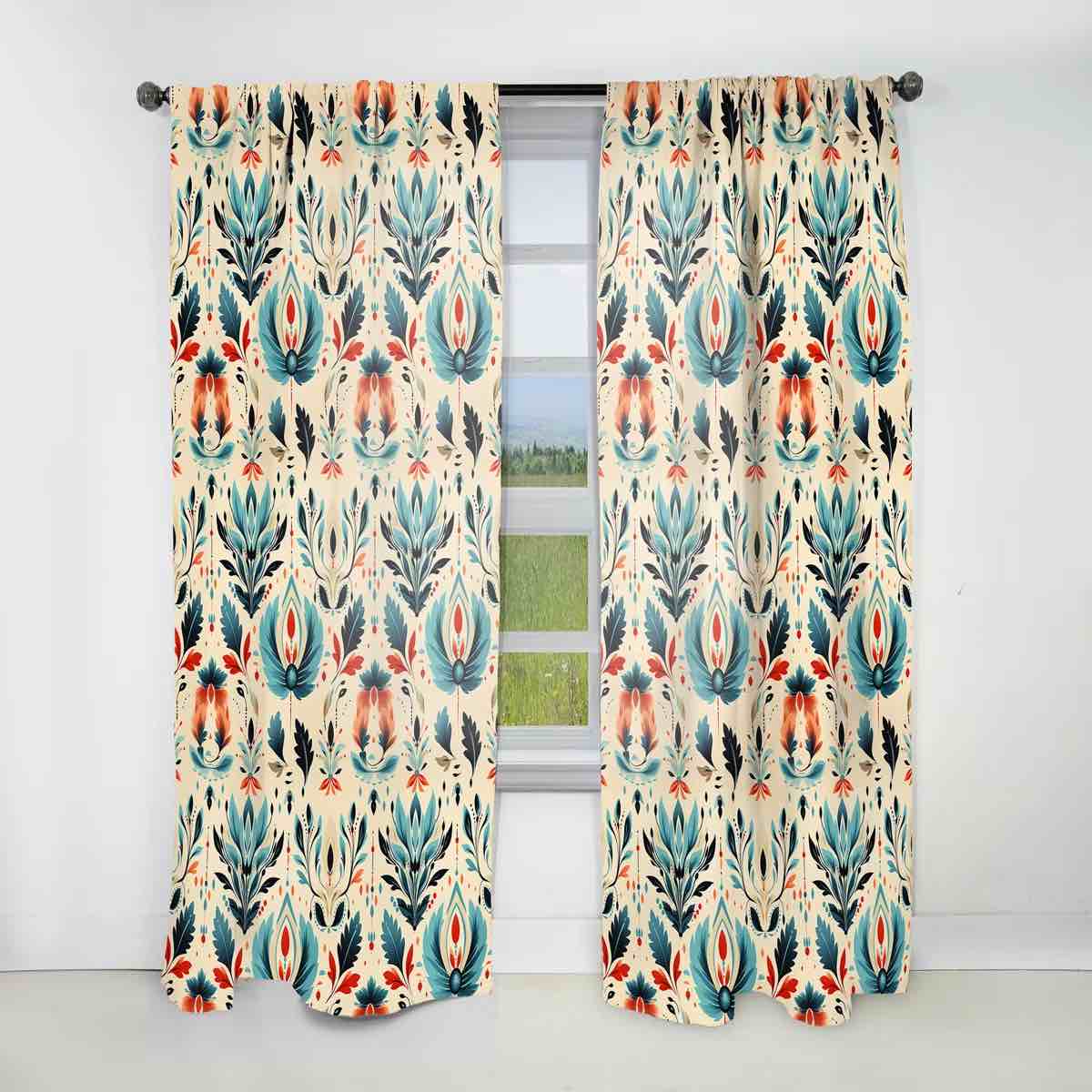 Teal And Beige Ikat Mosaic Fusion - Ikat Curtain - Velvet Room Darkening - 1 Panel