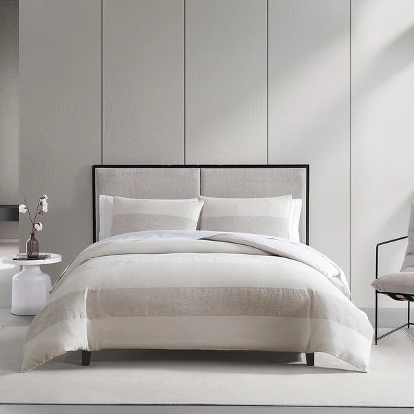 Vera Wang Chenille Waffle Stripe Beige Duvet Cover Set, Queen
