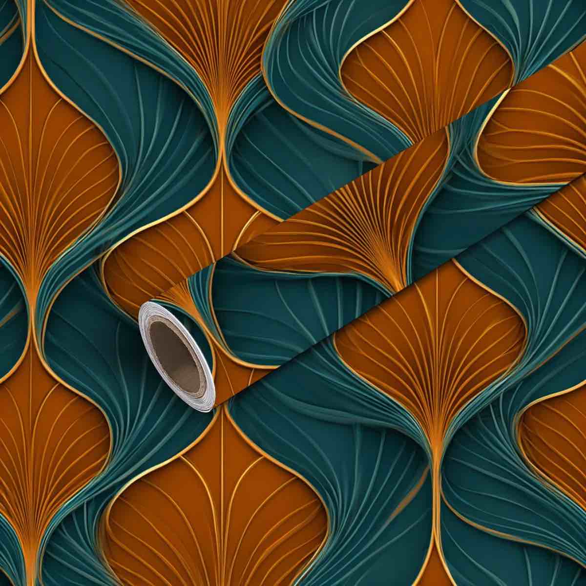 peel and stick wallpaper contact paper boho art nouveau maximalist warm rust orange large scale teal blue self adhesive and removable