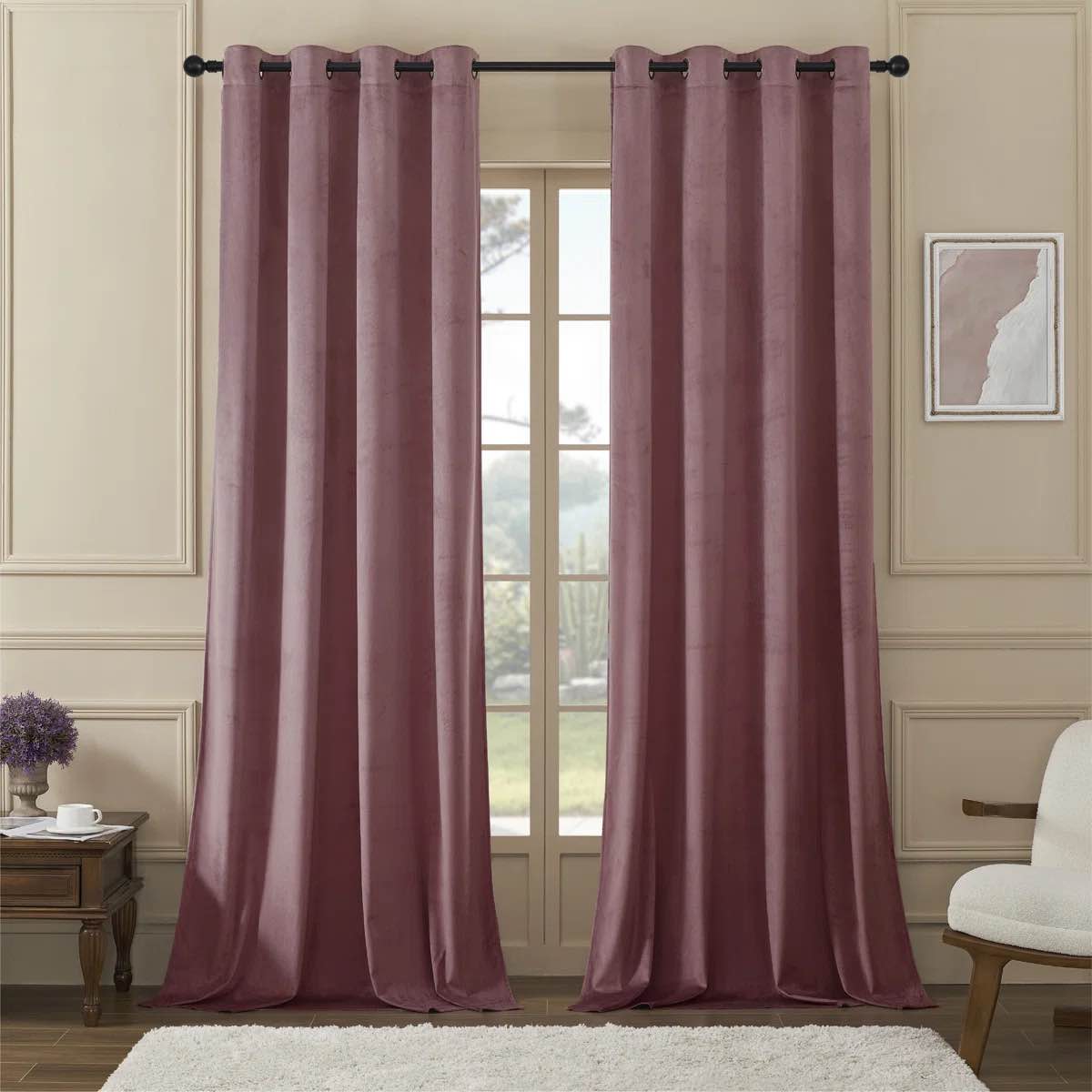 deavion velvet solid color metal grommets room darkening curtain panels (set of 2), rose pink
