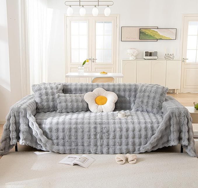 1-Piece Faux Fur Box Cushion Slipcover, Gray